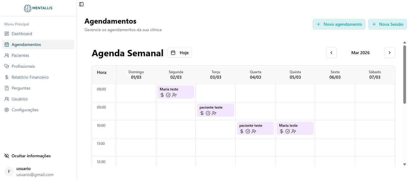 Tela de agendamentos semanais mostrando visão completa da agenda.